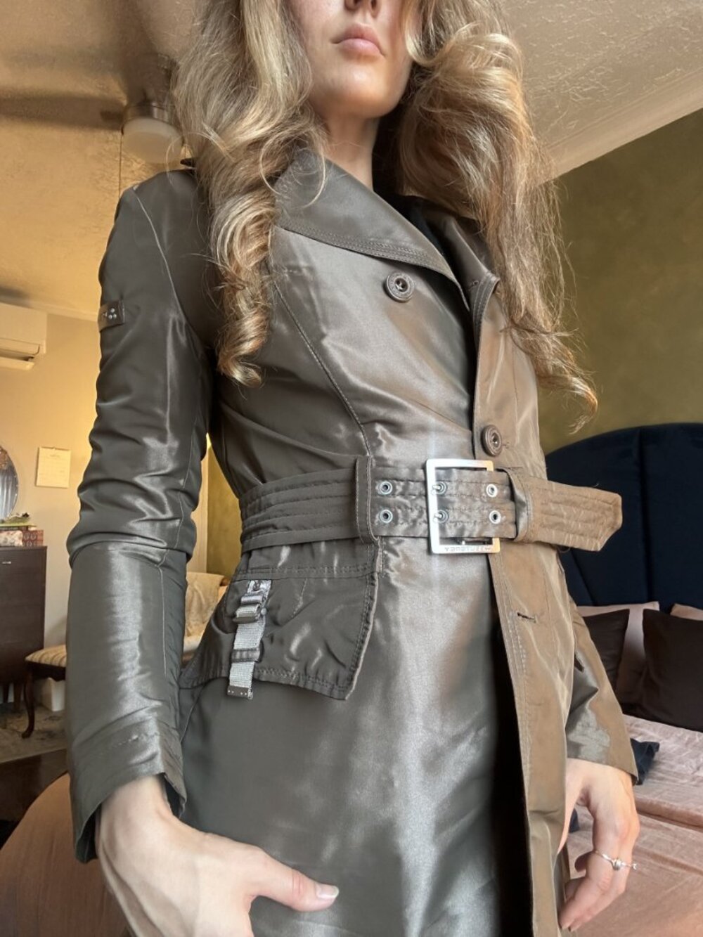 Peuterey Metallic Taupe Belted Trench Coat Italian Size 46 Y2K